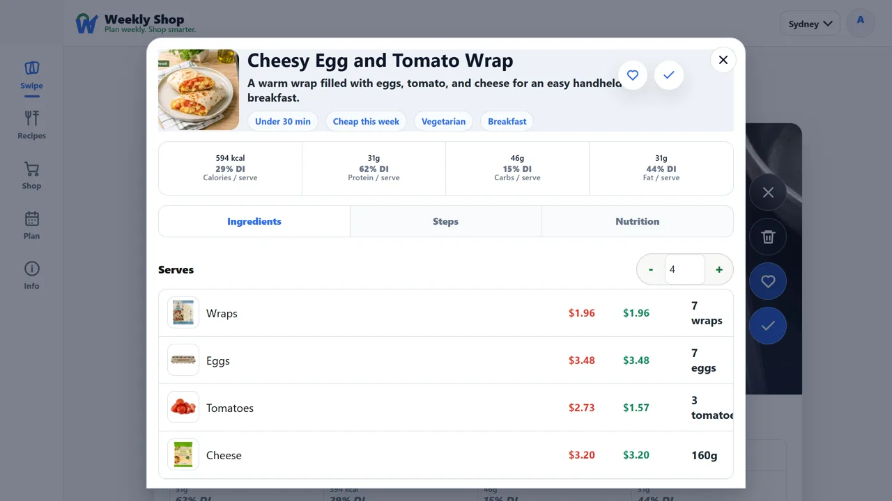 Recipe detail view showing ingredients, method, and price breakdown