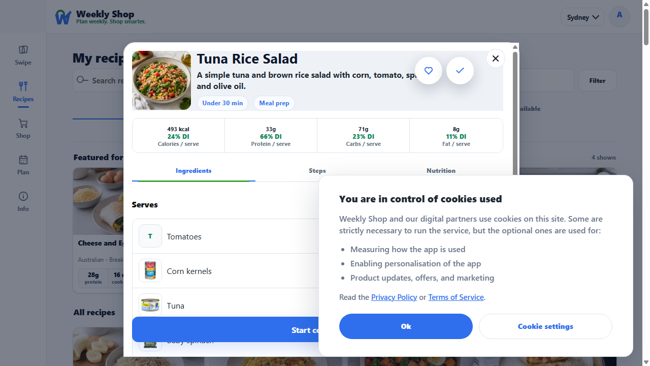 Recipe detail page with ingredients and method controls