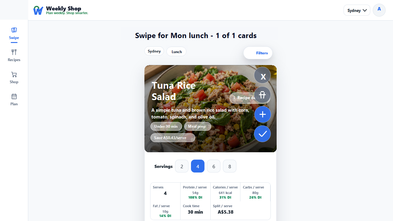 Weekly Shop swipe screen with a real tuna rice salad recipe image